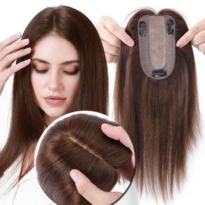 Human Hair Topper for Women No Bangs Clip in Straight Hairpiece 12 inch - Brown
